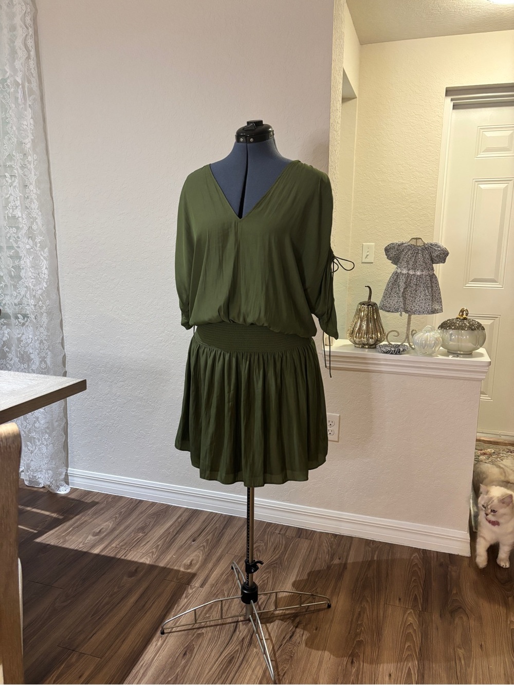 Ramy Brook Olive V-Neck Short dress with Smocked Waist